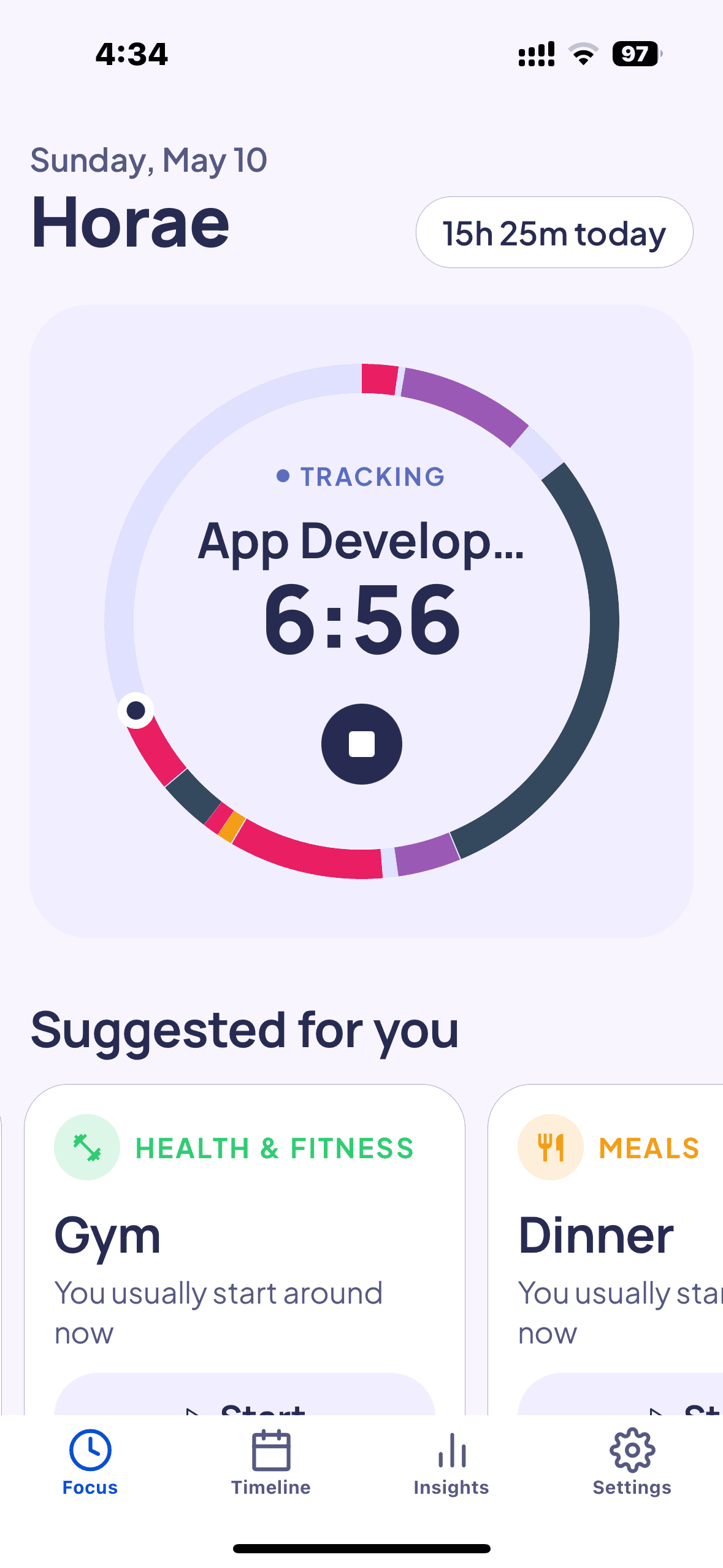 Horae Focus tab with a running timer